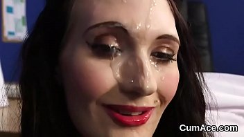 Blonde slut takes a load of cum on her face